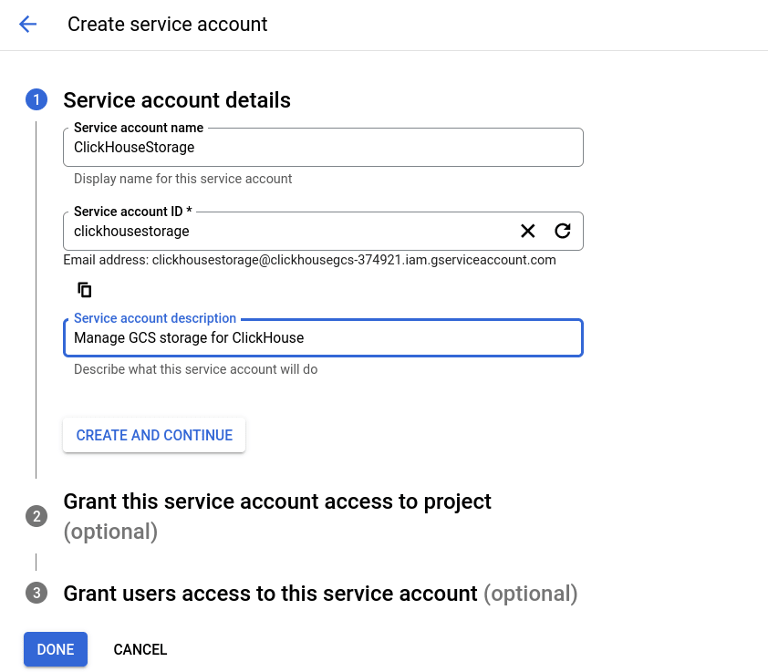 Définition du nom et de l’ID d’un nouveau compte de service dans GCS