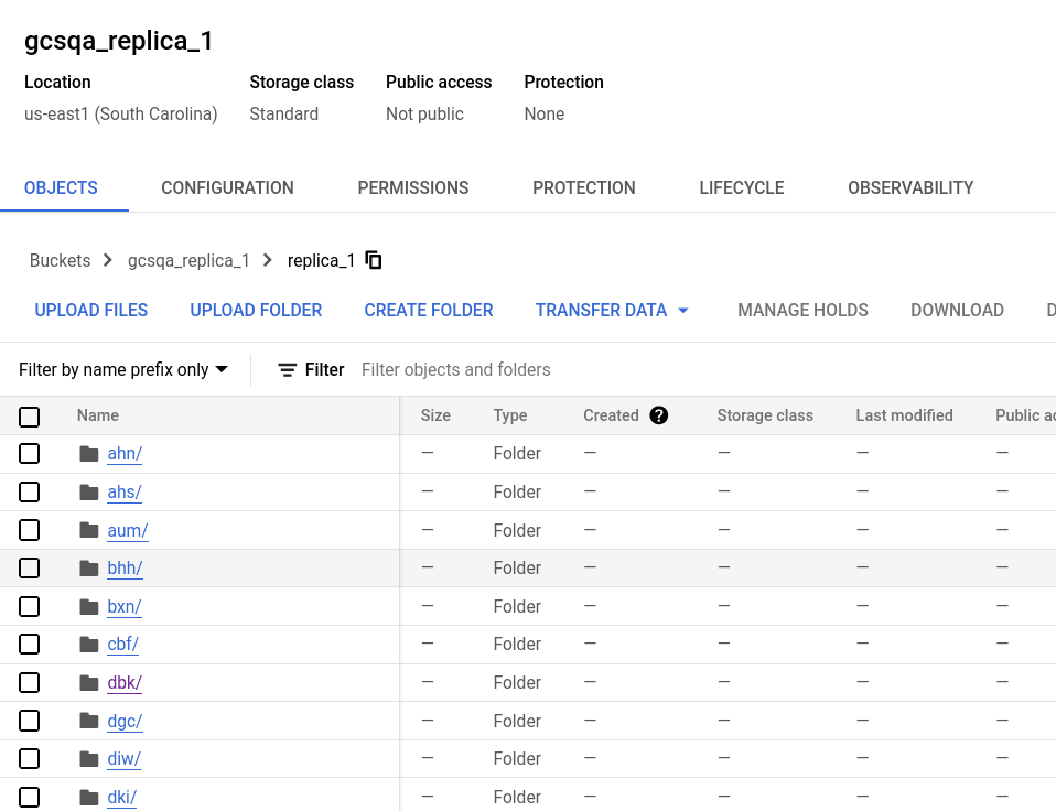 Bucket de la réplique 1 dans Google Cloud Storage, montrant l’arborescence des dossiers avec les partitions de données