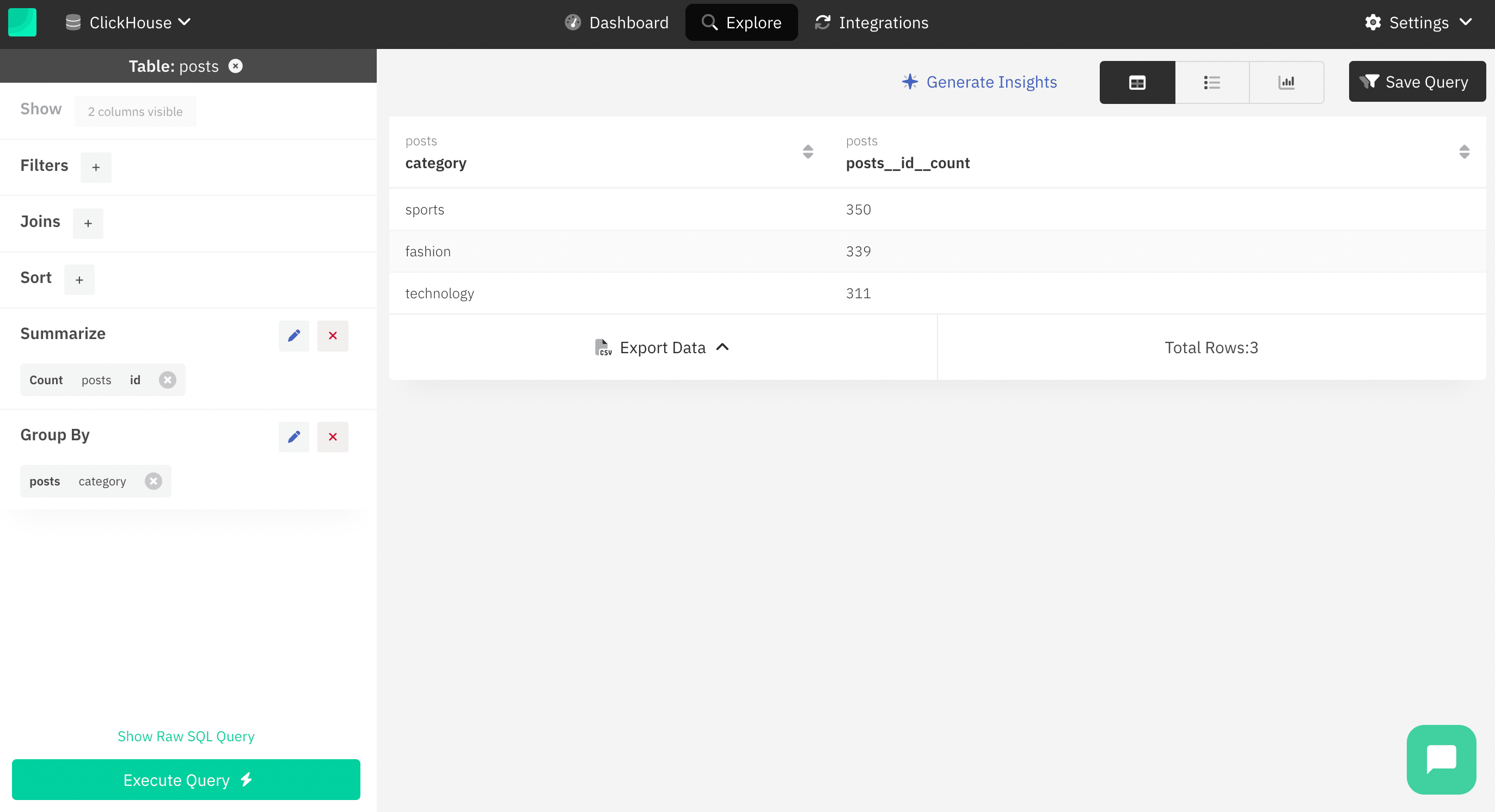 Interface d’exploration de données Draxlr affichant des options de filtres et de tri