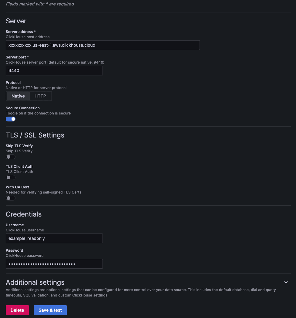 Page de configuration de la connexion