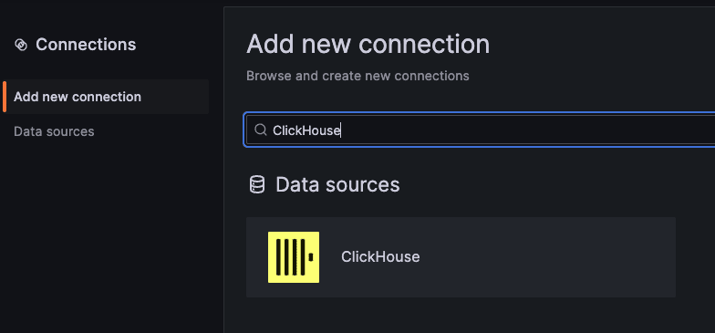 Sélectionner le plugin ClickHouse sur la page des connexions