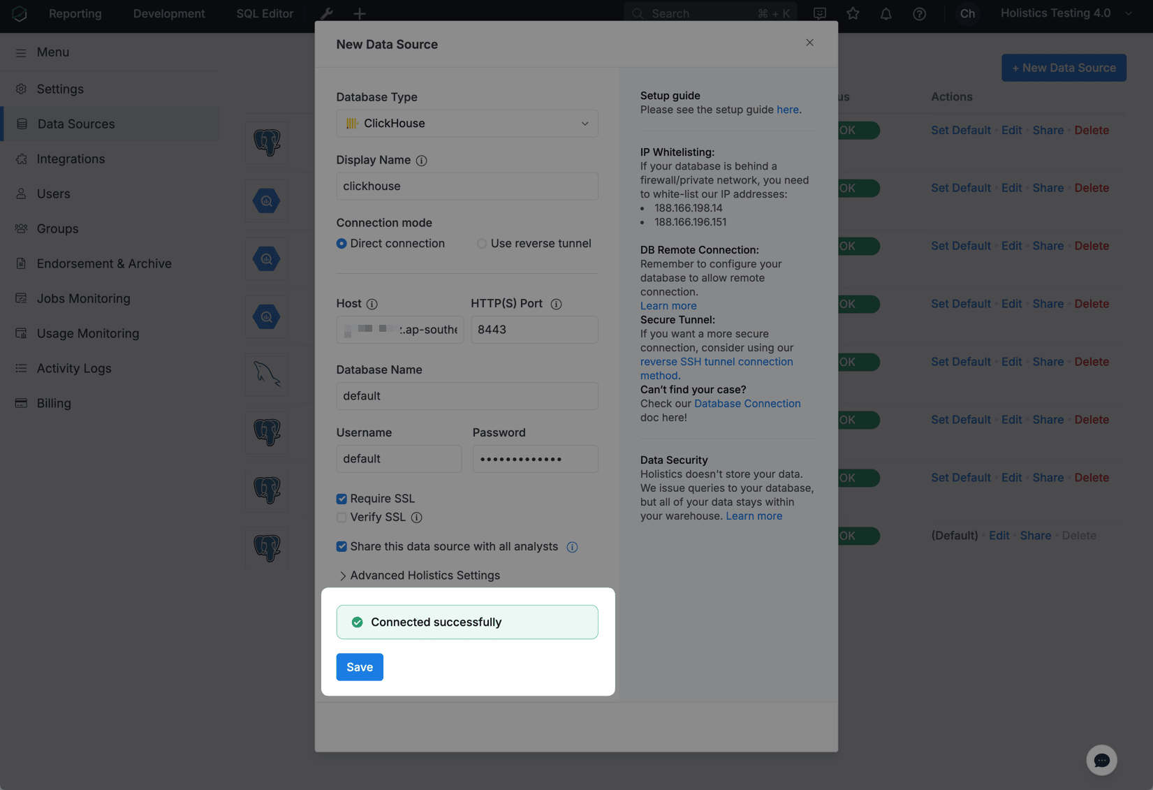 Prueba de conexión de ClickHouse correcta en Holistics