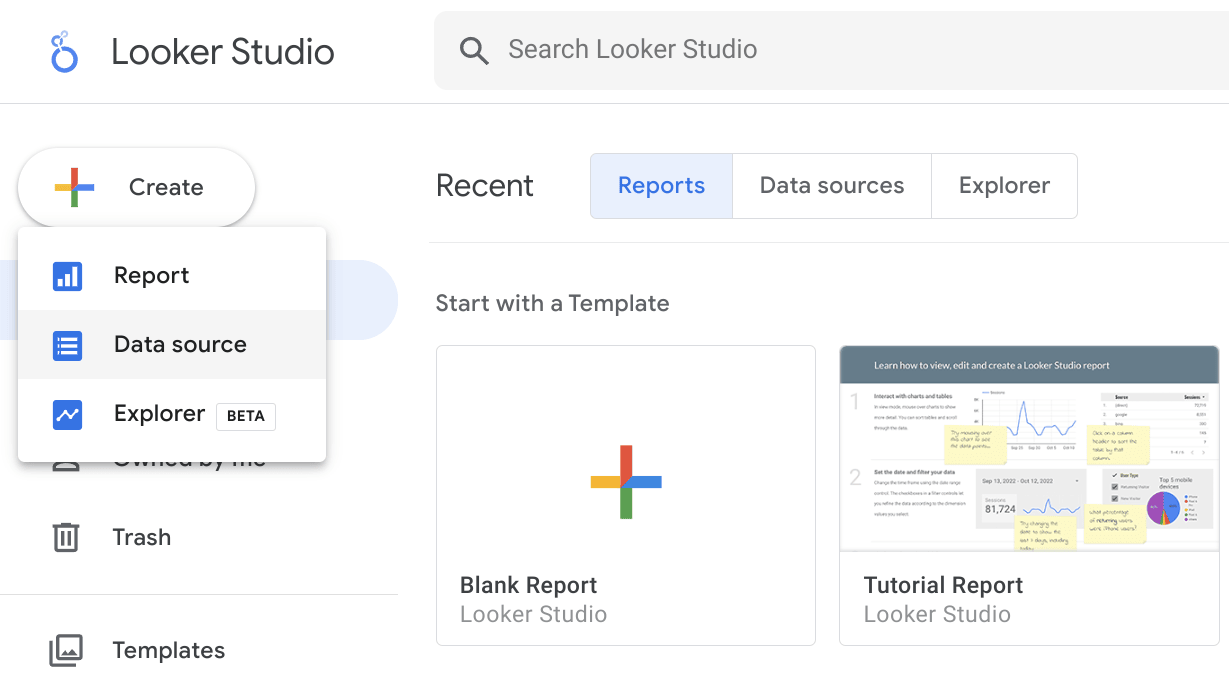 Looker Studio 인터페이스에서 새 데이터 소스 생성