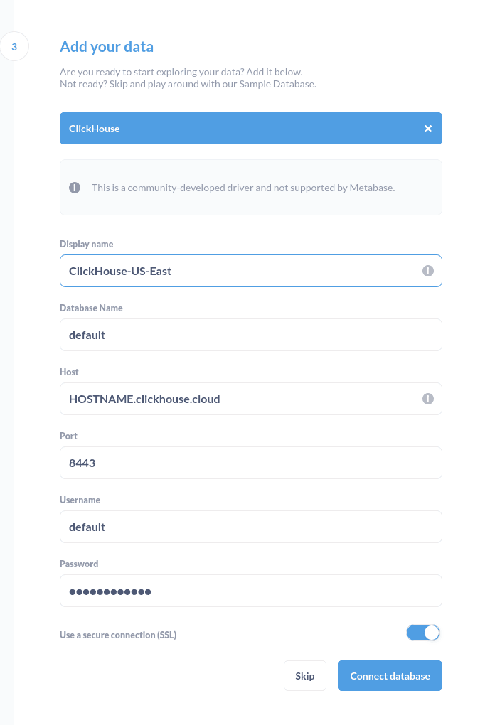 Formulário de detalhes da conexão do Metabase para o banco de dados ClickHouse