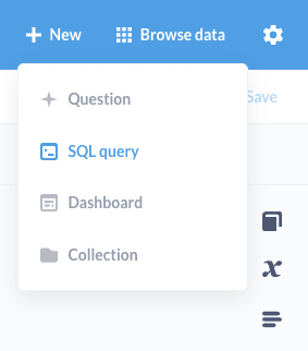 Menu Novo do Metabase mostrando opções para criar perguntas, consultas SQL e dashboards
