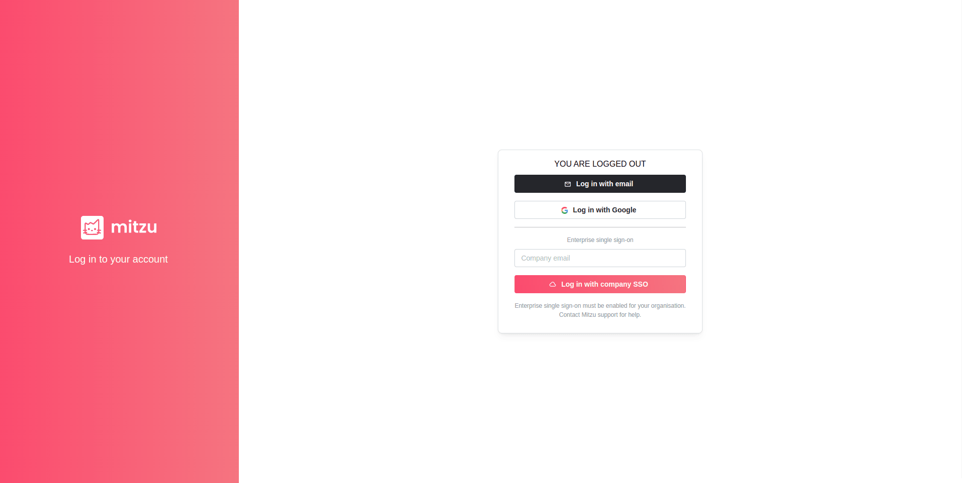 Página de login do Mitzu com campos de email e senha