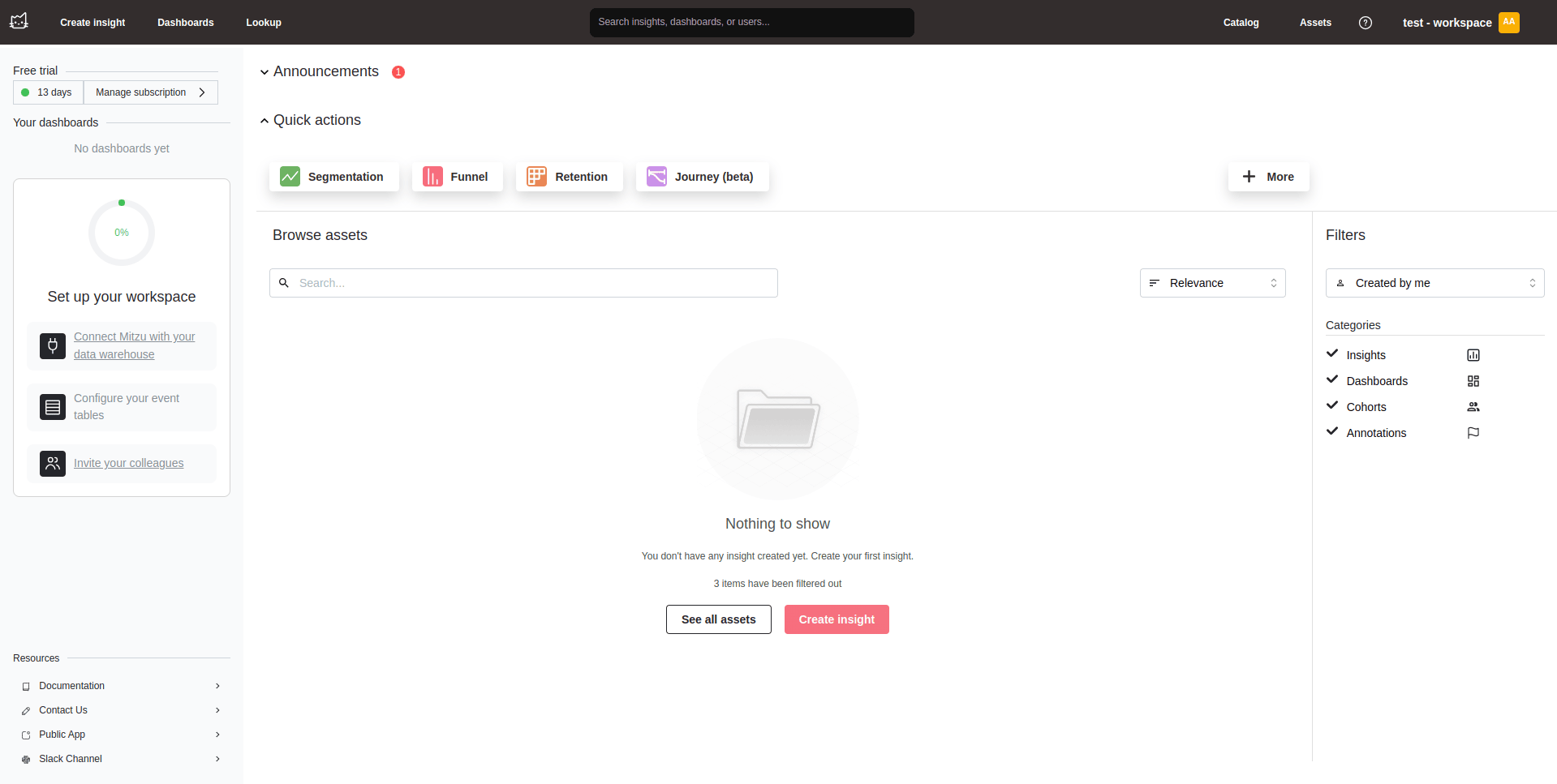 Página de configuração do workspace do Mitzu com as etapas de onboarding