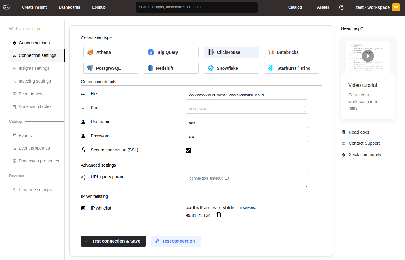 Página de configuração de conexão do Mitzu para ClickHouse com formulário de configuração