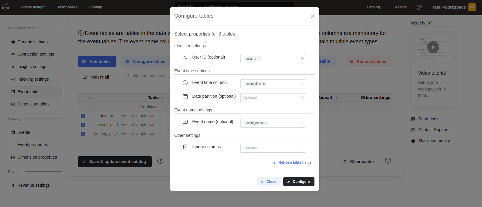 Configuração do catálogo de eventos do Mitzu mostrando opções de mapeamento de colunas