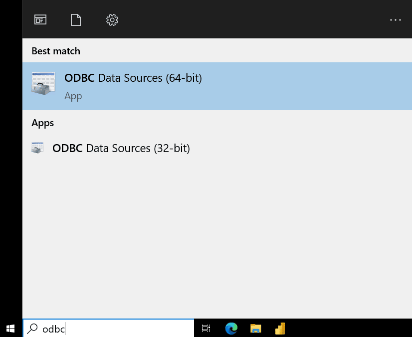 Recherche Windows affichant l’option ODBC Data Sources (64-bit)