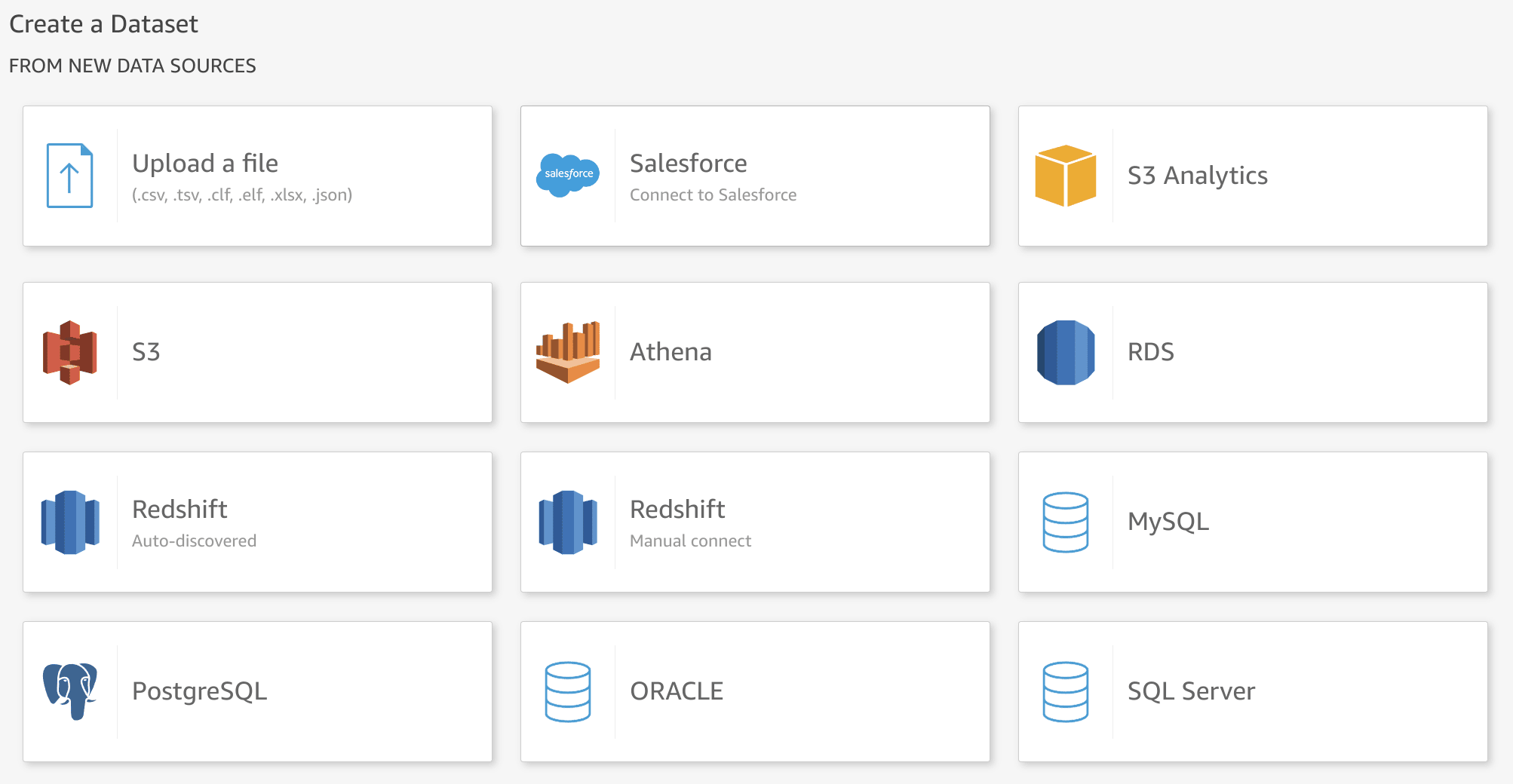 Tela de seleção de fonte de dados do QuickSight com MySQL destacado nos resultados da busca