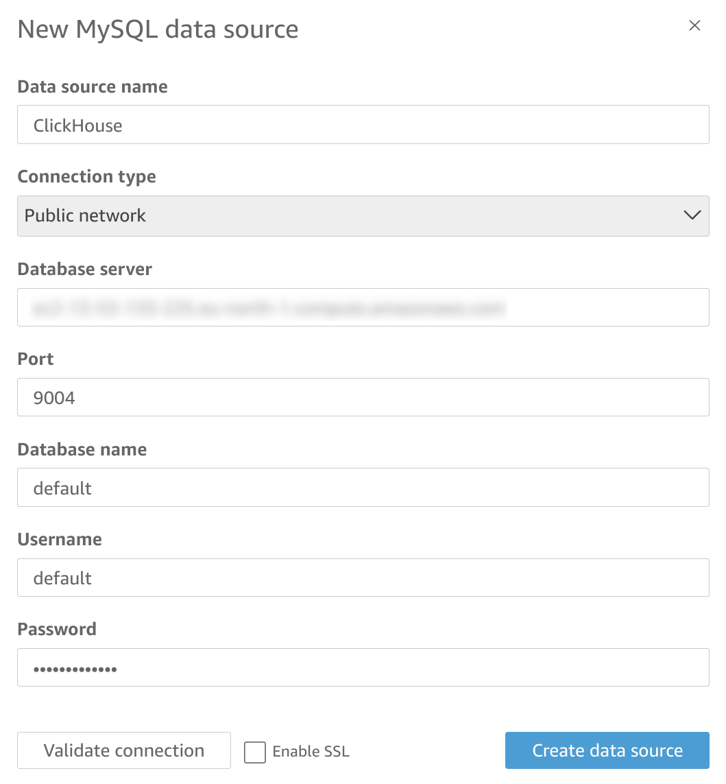 Formulário de configuração da conexão MySQL do QuickSight com campos de hostname, porta, banco de dados e credenciais