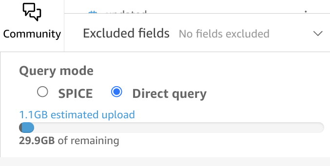 Interface do QuickSight com a opção de modo Direct Query destacada no canto inferior