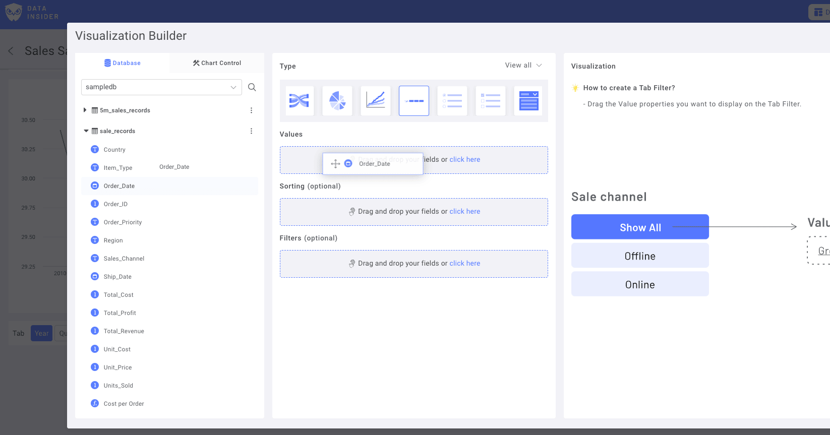 Interface de sélection du champ Date dans Rocket BI affichant les colonnes de date disponibles