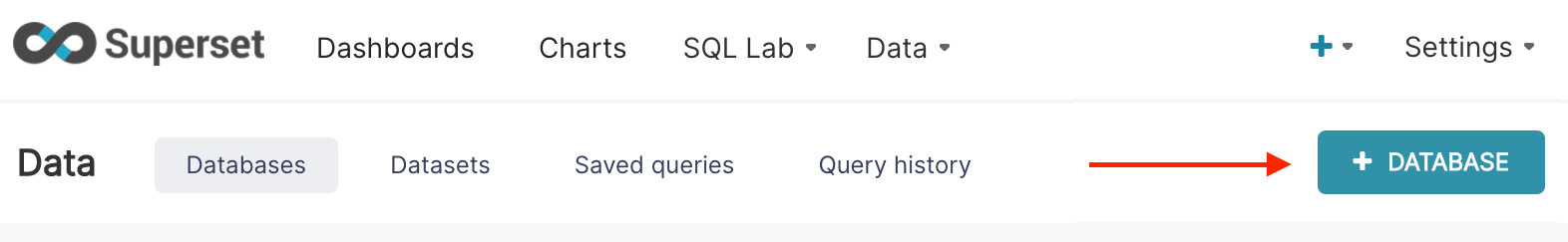 Database メニューが表示され、+ Database ボタンが強調表示された Superset のインターフェイス