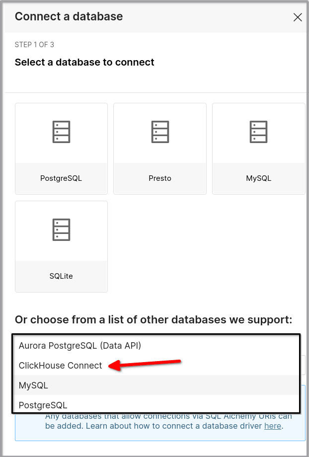 ClickHouse Connect オプションが選択された Superset のデータベース接続ウィザード