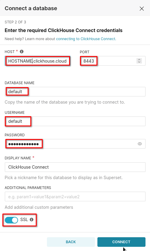 ClickHouse 接続パラメーターが表示された Superset の接続設定フォーム