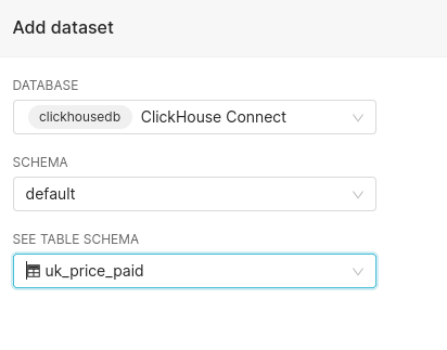 ClickHouse データベースで利用可能なテーブルが表示された Superset のデータセット作成ダイアログ