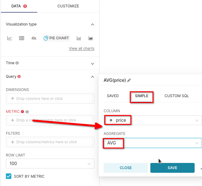 円グラフ用の AVG(price) aggregate function が表示された Metric 設定