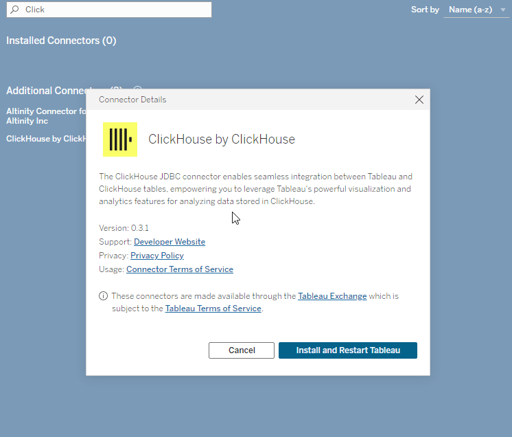 Cuadro de diálogo de instalación del conector de Tableau que muestra los detalles del conector ClickHouse JDBC y el botón de instalación