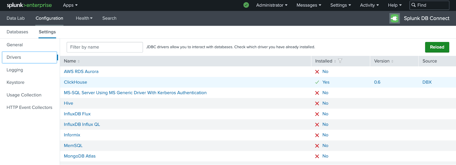 ClickHouse 드라이버가 성공적으로 설치된 것으로 표시된 Splunk DB Connect 드라이버 페이지