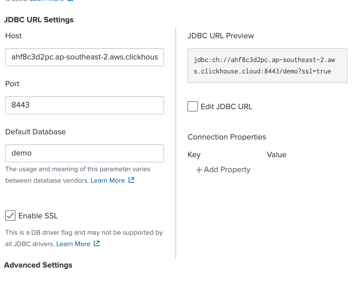 ClickHouse용 Splunk 연결 구성 페이지