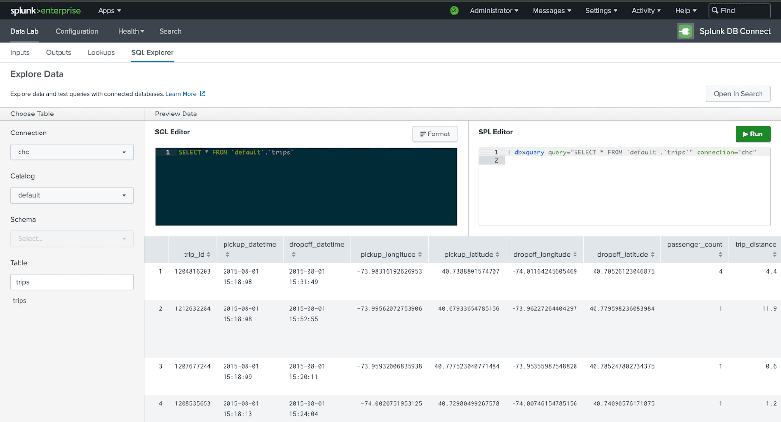 ClickHouse 연결 정보를 선택하는 Splunk SQL Explorer