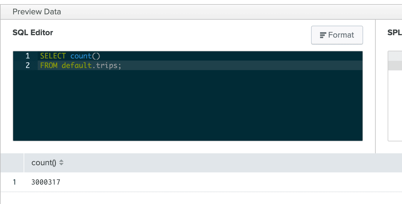trips 테이블의 레코드 수를 보여주는 Splunk SQL 쿼리 실행 화면