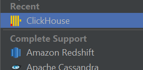 تحديد ClickHouse في DataGrip من قائمة مصادر البيانات