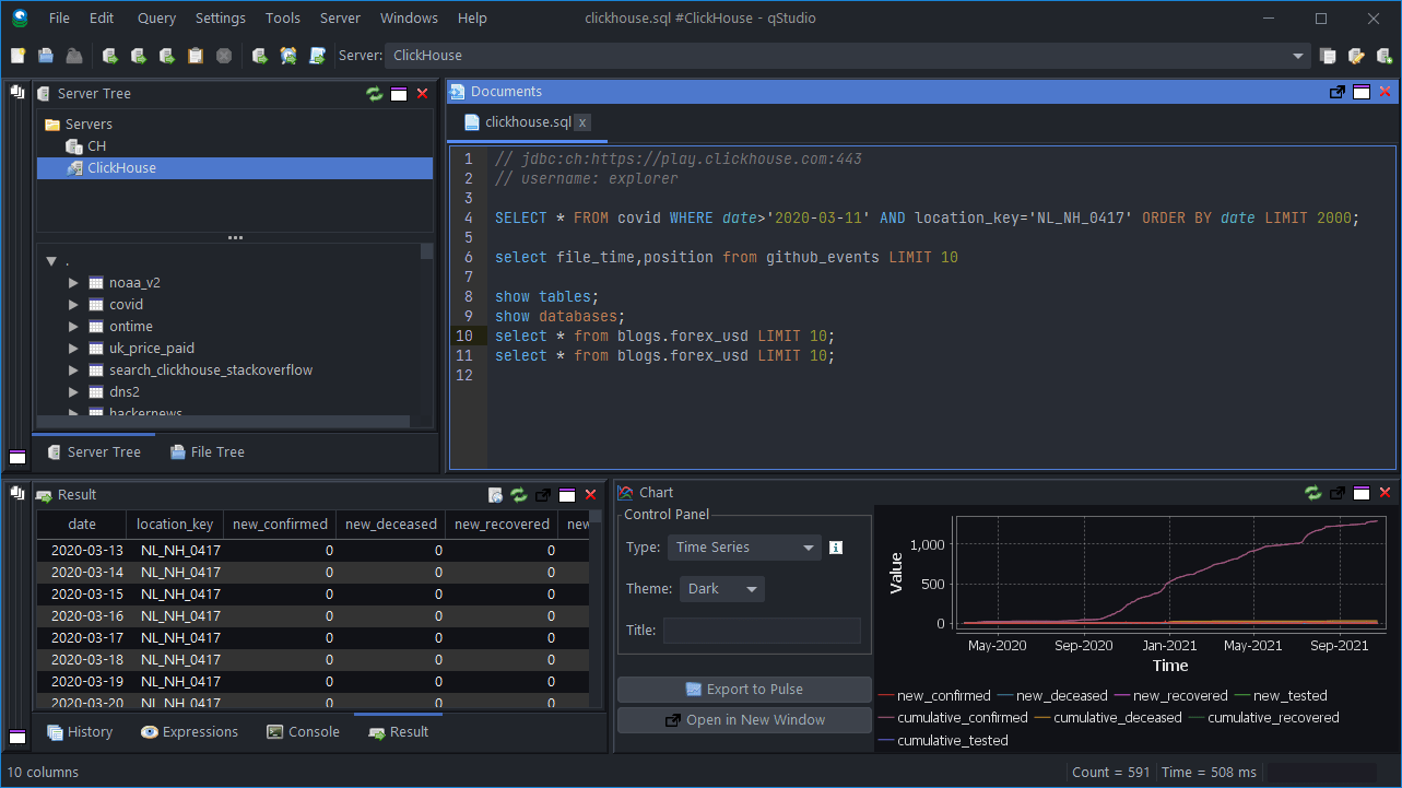 Интерфейс QStudio, показывающий выполнение примера SQL-запроса к базе данных ClickHouse