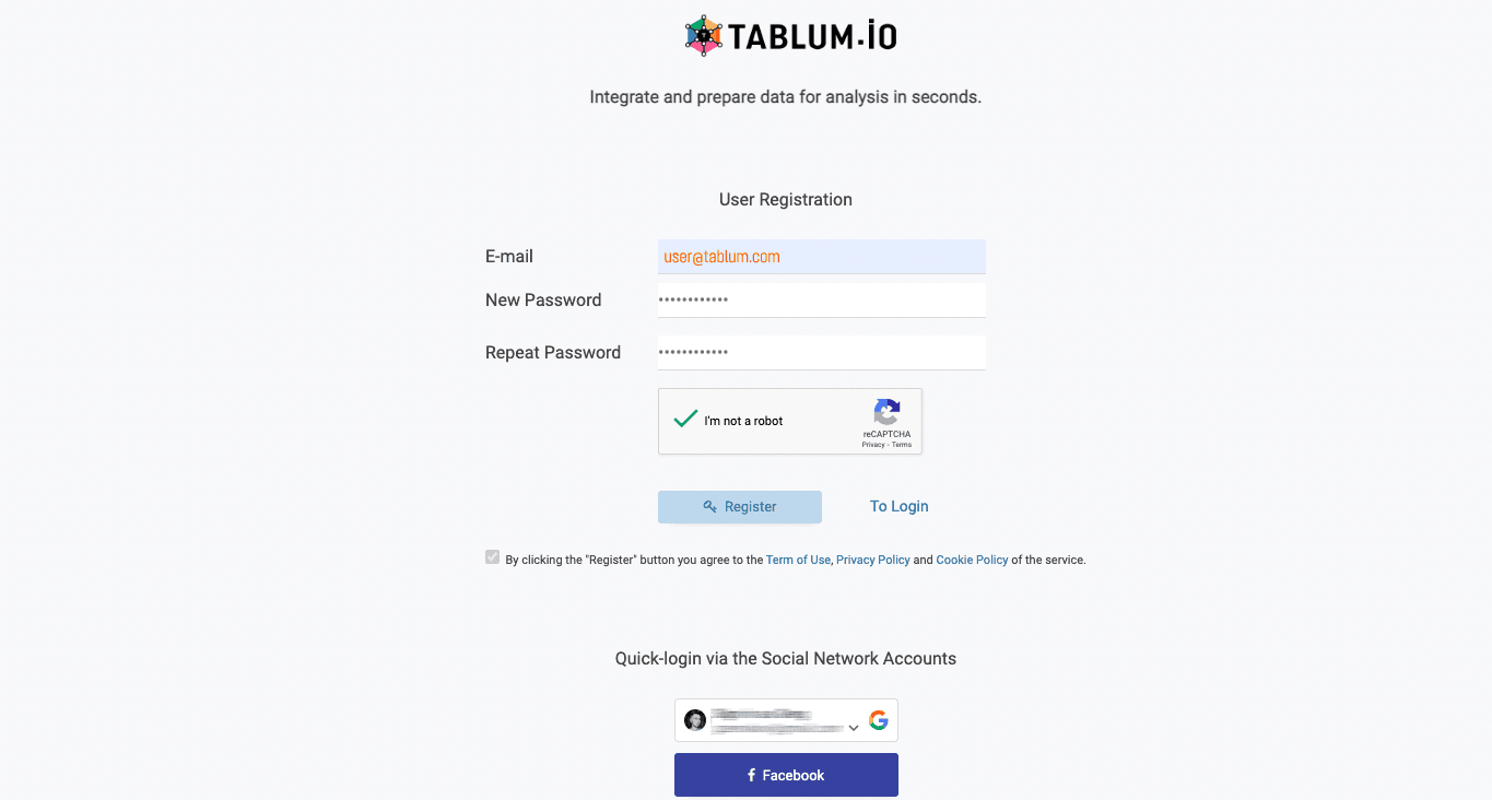 Página de login do TABLUM.IO