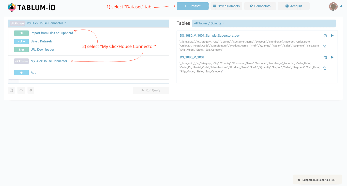 Selecionando o conector do ClickHouse no TABLUM.IO