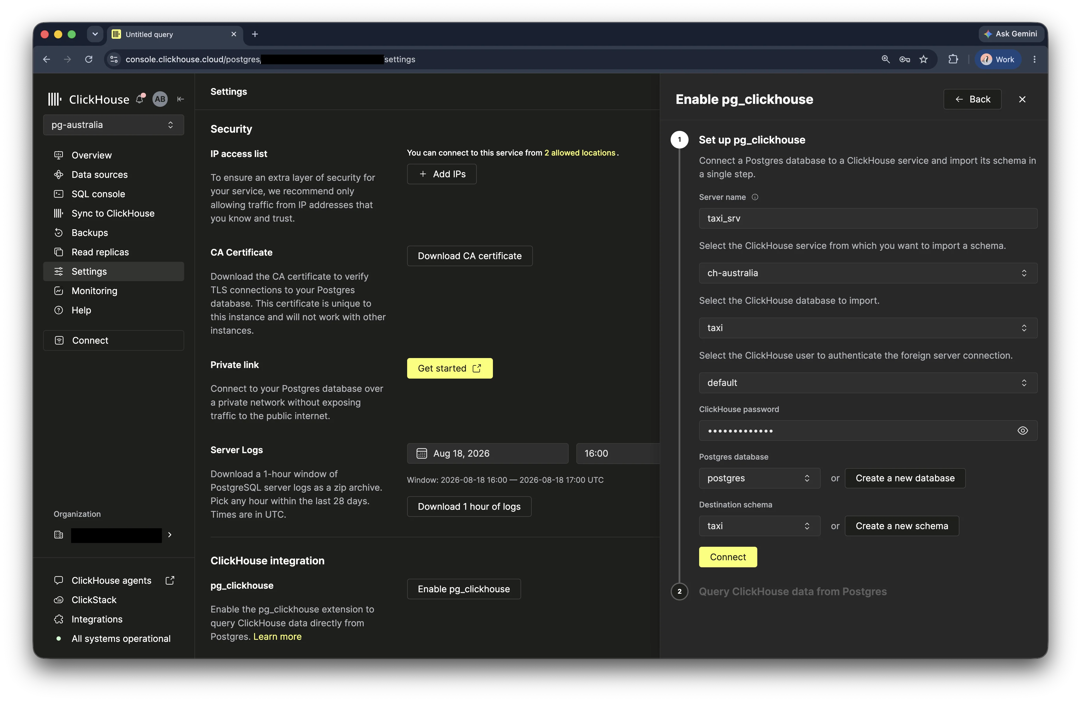Formulário de configuração do pg_clickhouse para o banco de dados de táxis no console do ClickHouse Cloud