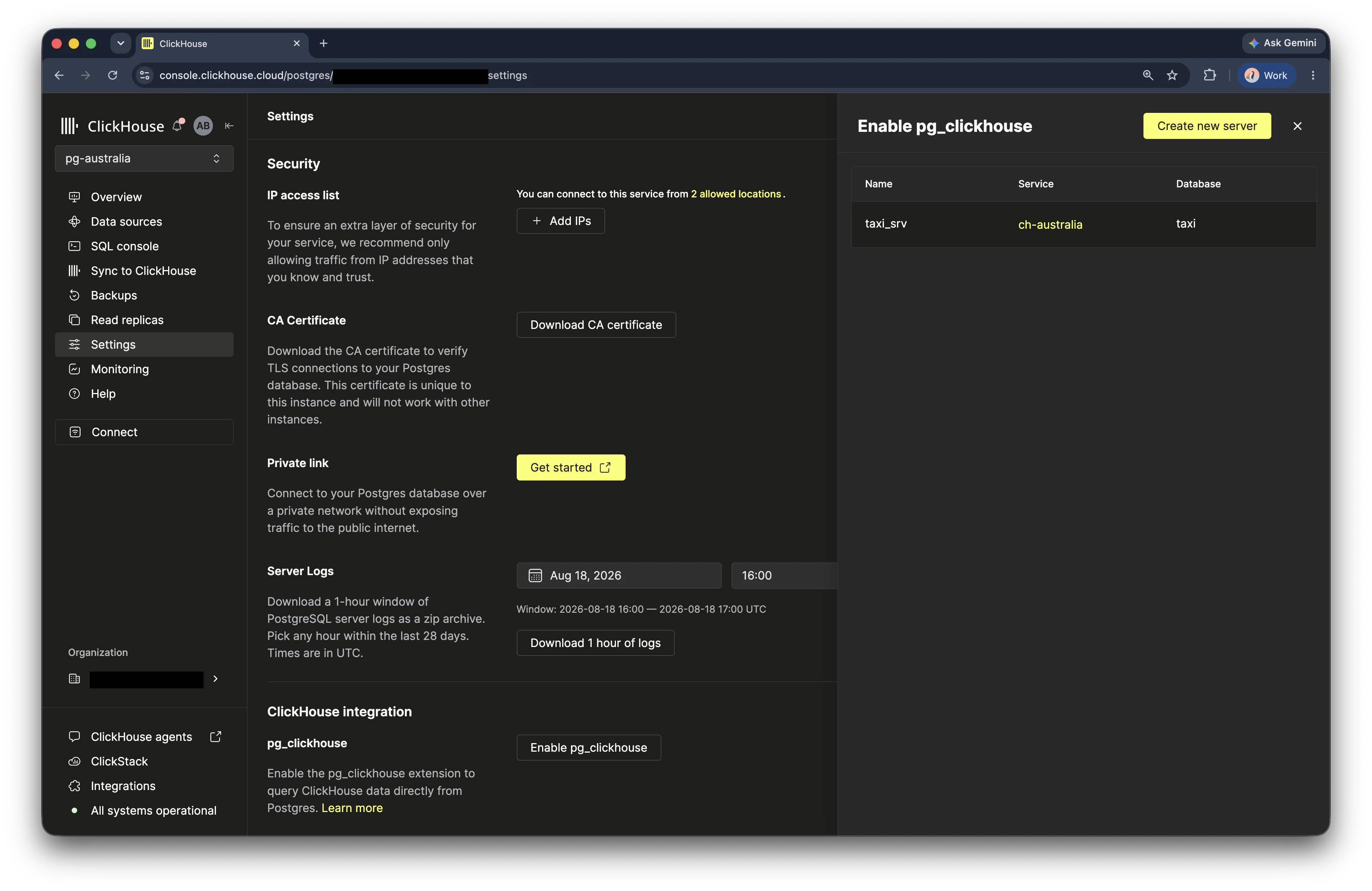 Lista de servidores externos mostrando a conexão pg_clickhouse de táxis