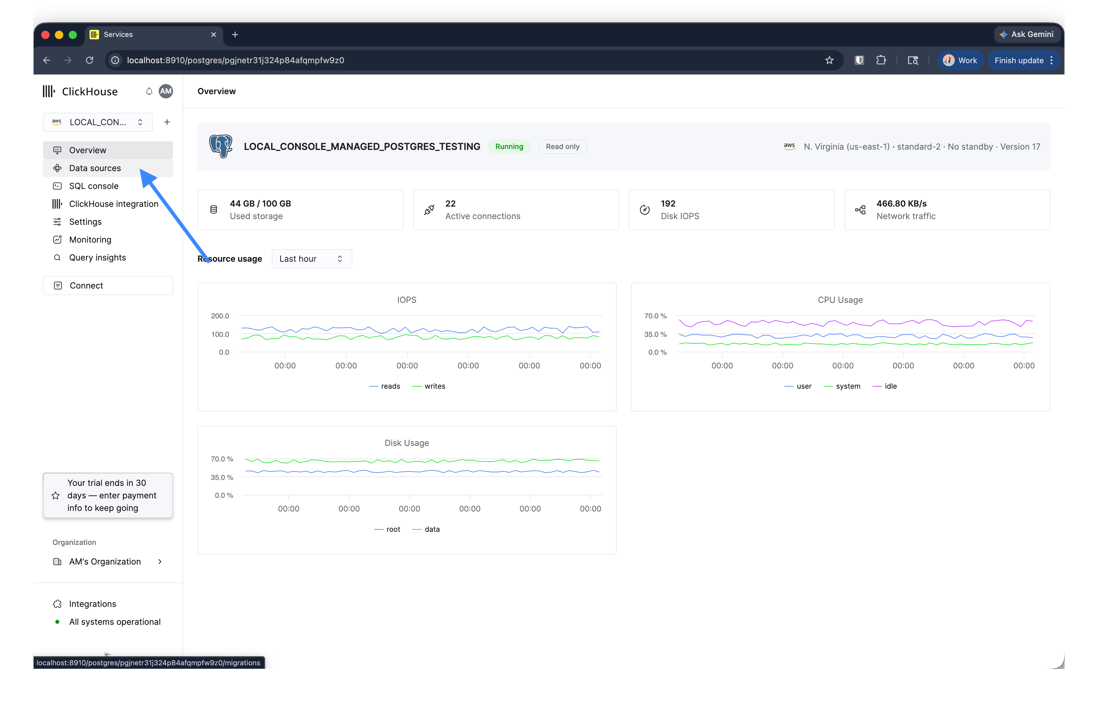 Managed Postgres 서비스 사이드바의 데이터 소스 항목