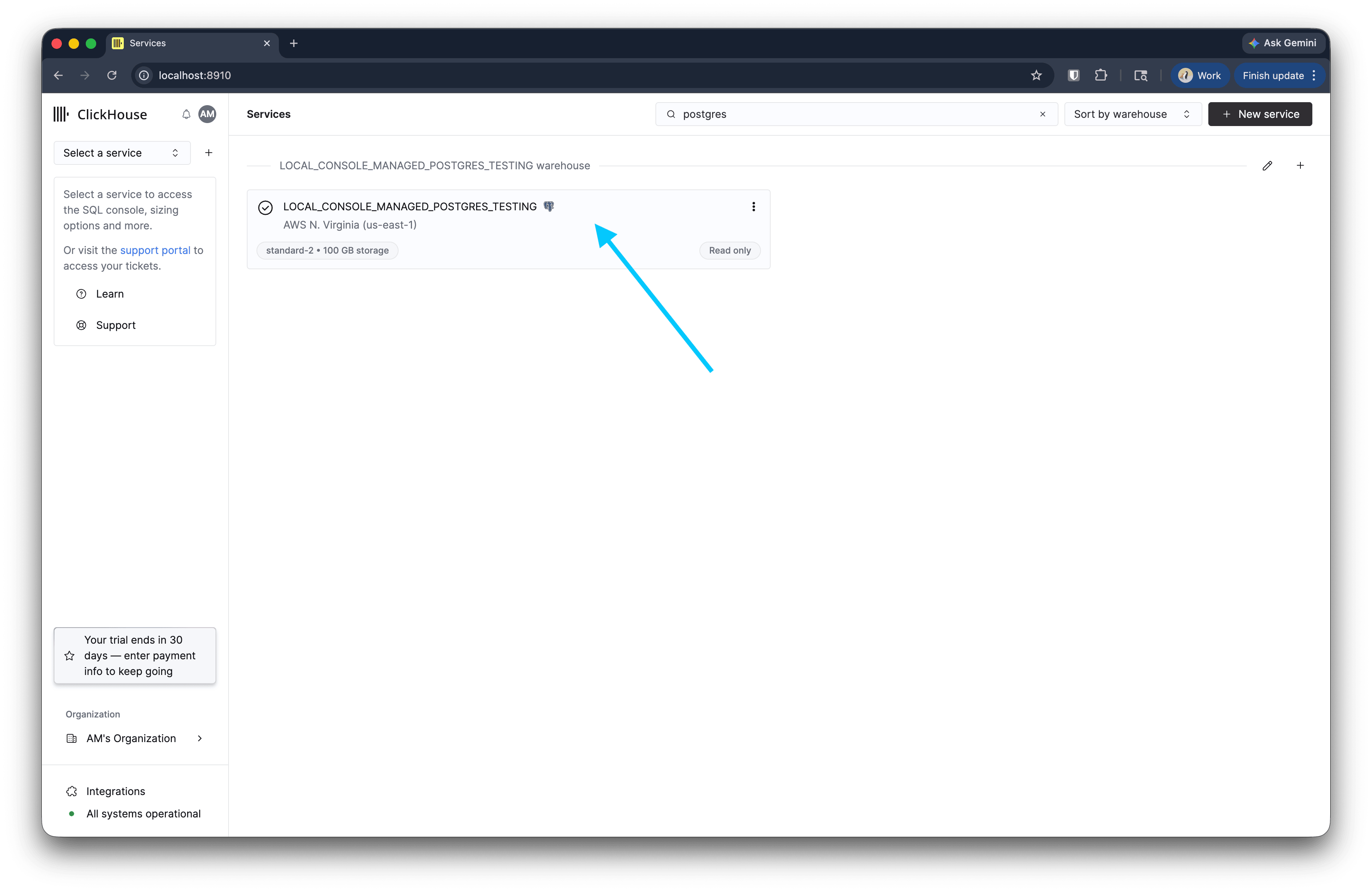 ClickHouse Cloud 서비스 목록의 Managed Postgres 서비스 카드